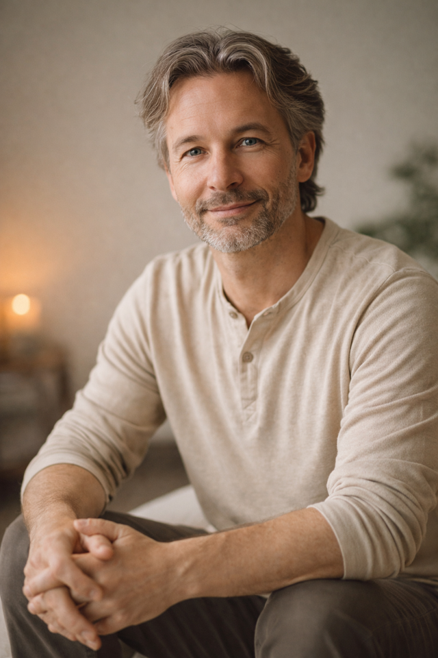 Eine Person sitzt mit verschränkten Händen.